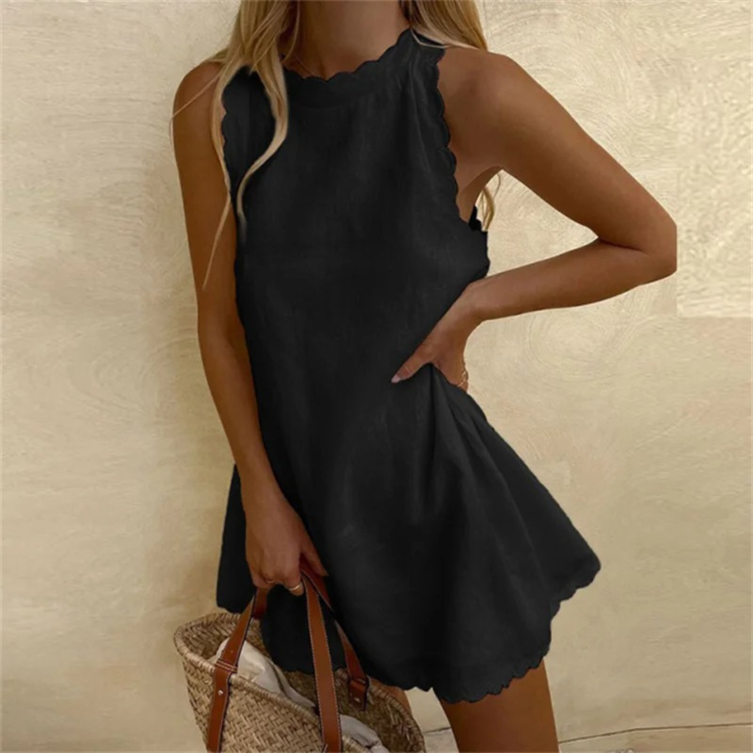Caliora | Sleeveless Wavy Trim Linen-Blend Mini Dress