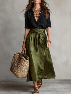 NELL — Black Blouse & Olive Satin Skirt Set
