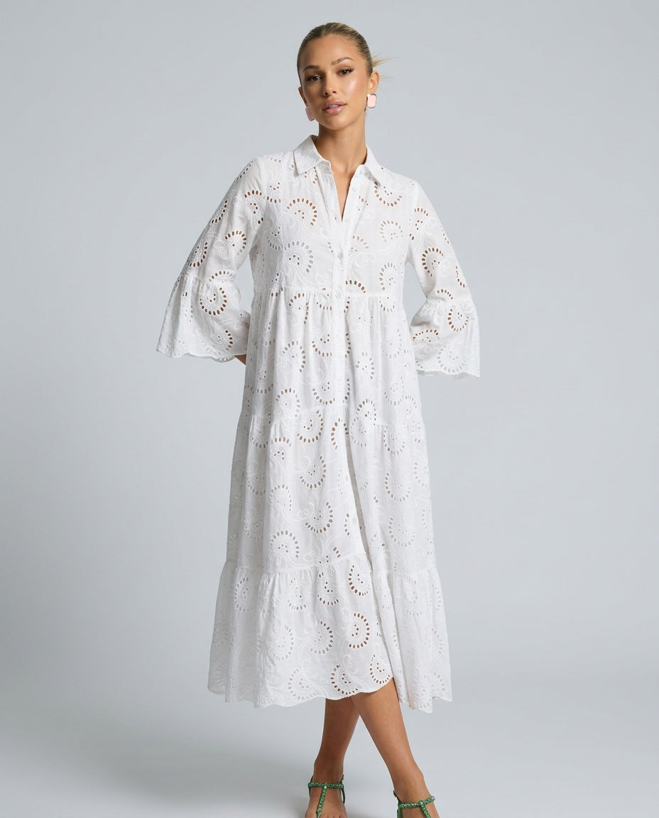 Amara | Openwork V-Neck 3/4 Sleeve Maxi Dress