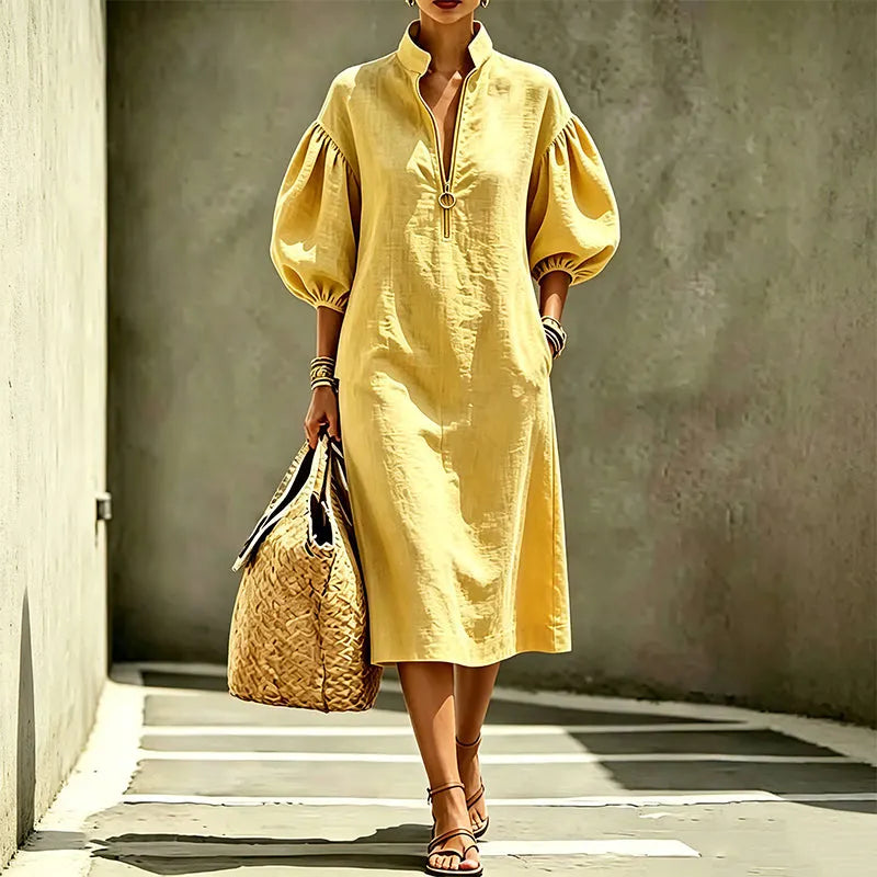 Astrid | Puff Sleeve High Neck Midi Dress
