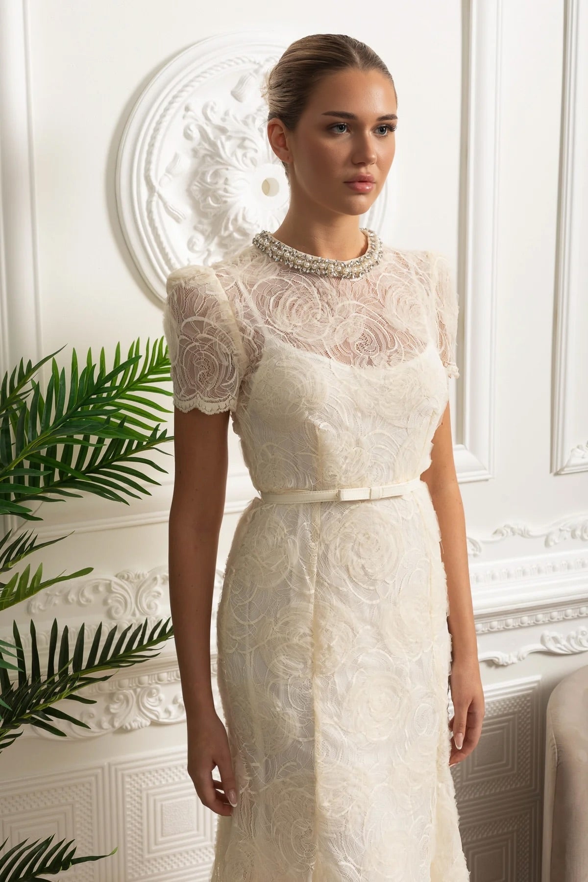 Priya | Short Sleeve Lace Belted Midi Dress