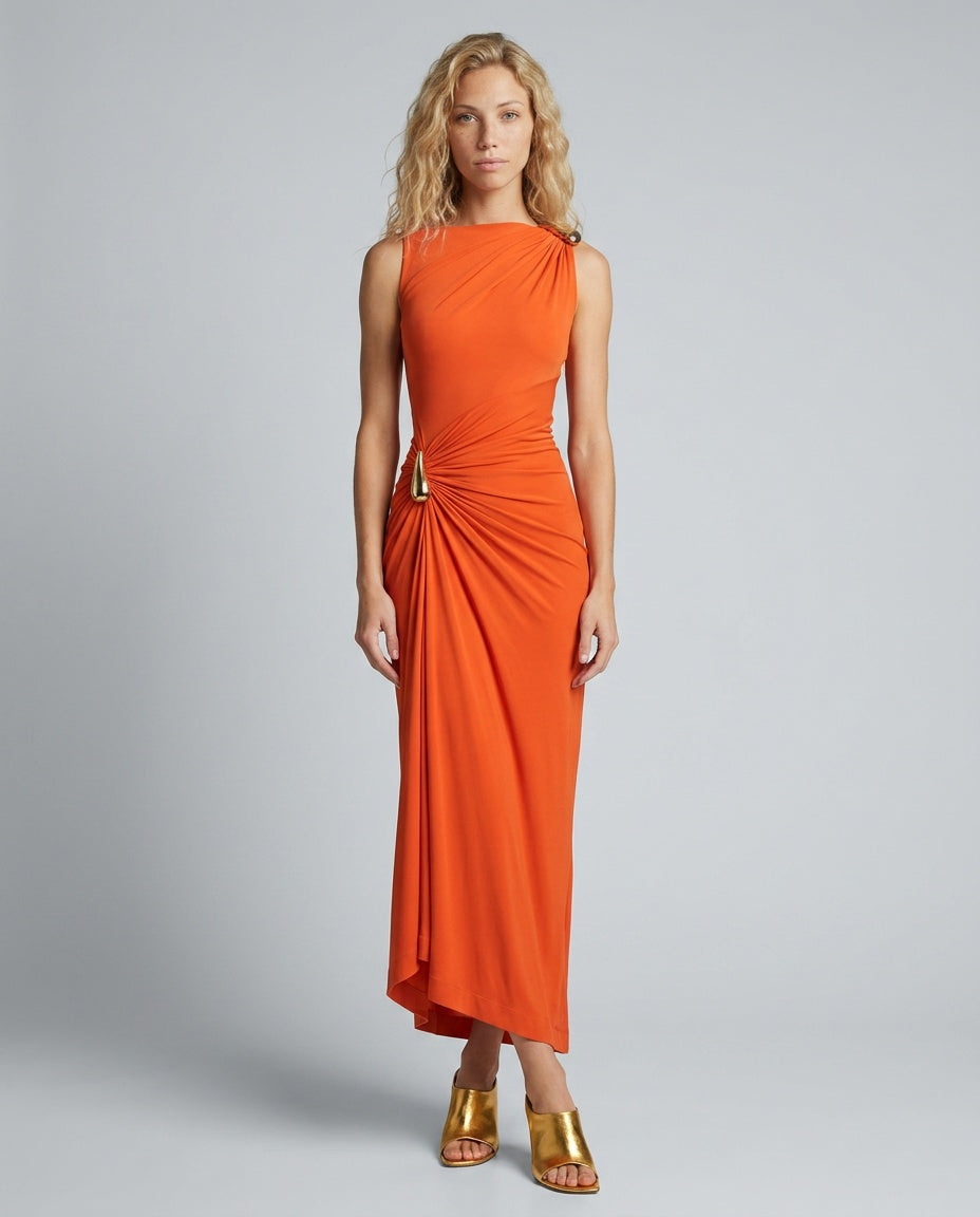Ivy | Sleeveless Metal Detail Irregular Midi Dress