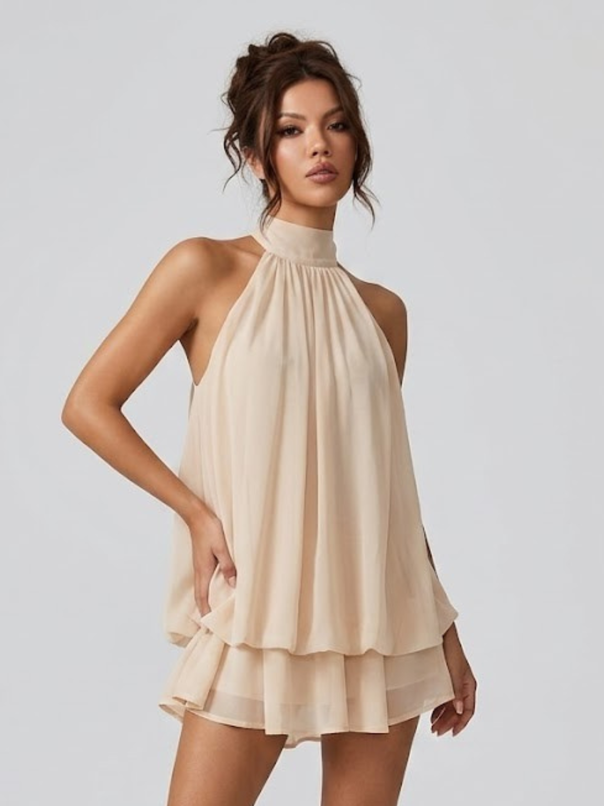 Willa | Tiered Ruffle Open Back Halter Mini Dress