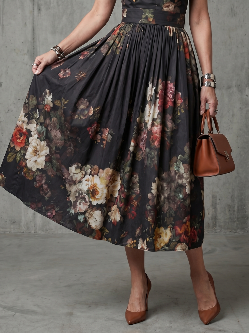 Paloma | High Neck Keyhole Floral Pleated Midi Dress