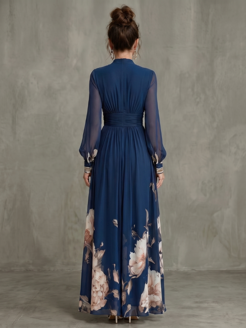 Sabine | Pleated Sheer Sleeve Navy Maxi Dress