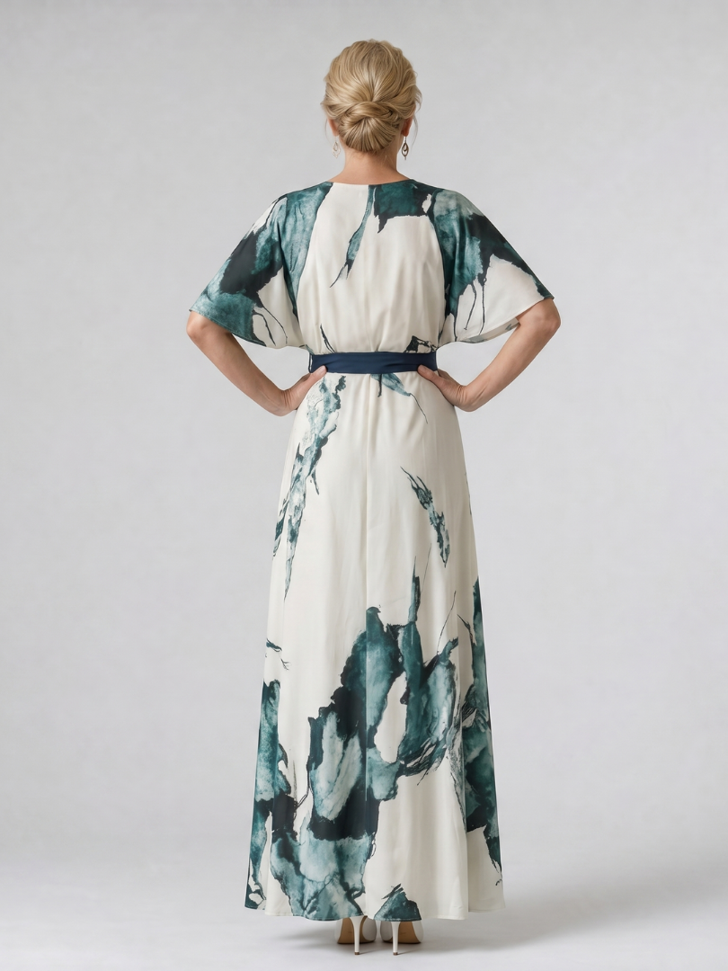 Selene | Abstract Print Belted Flutter Sleeve Maxi Dress