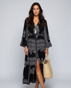 Wren | Ethnic Print Belted Long Sleeve Maxi Dress