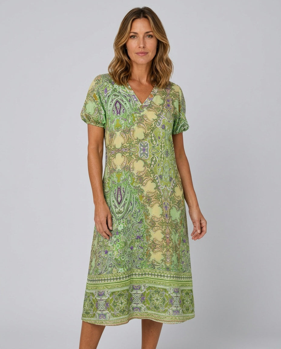 Maeve | Printed V-Neck Short Sleeve Midi Dress