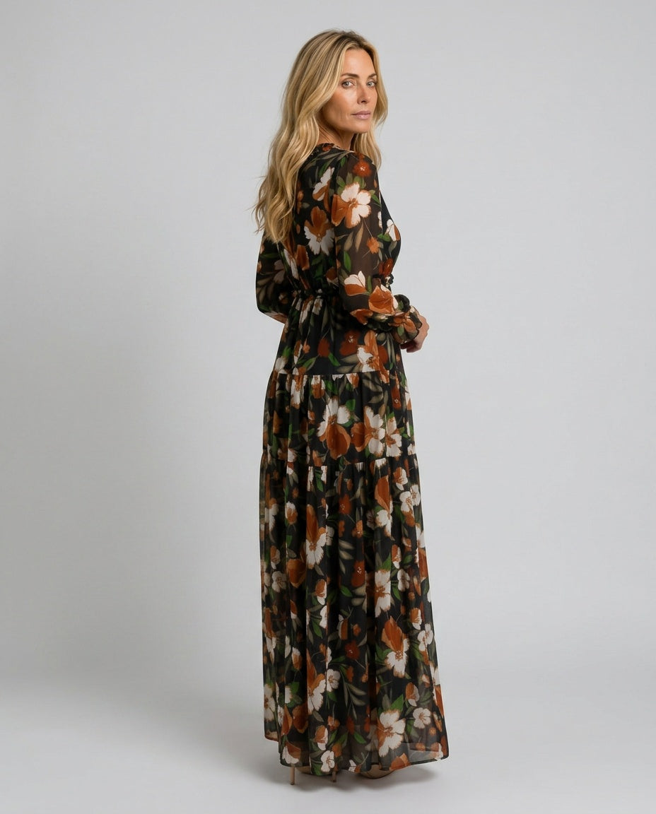 Frankie | Floral Print Long Sleeve Tiered Maxi Dress