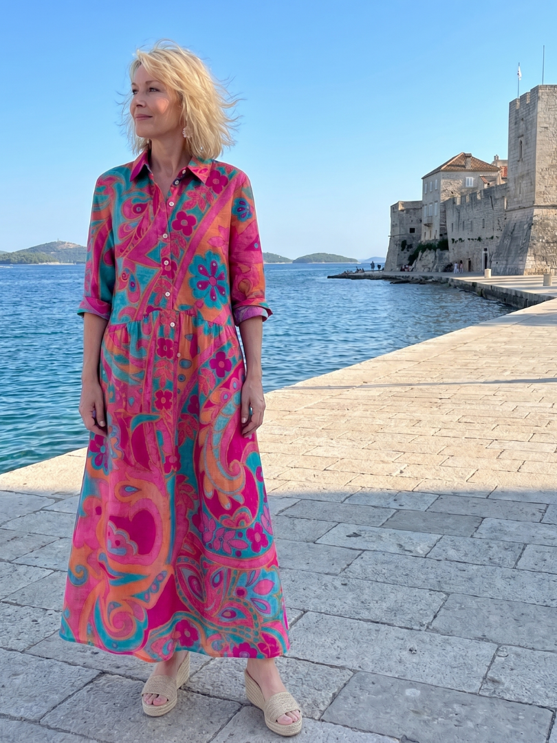 Zara | Printed Button-Front Collared Midi Dress