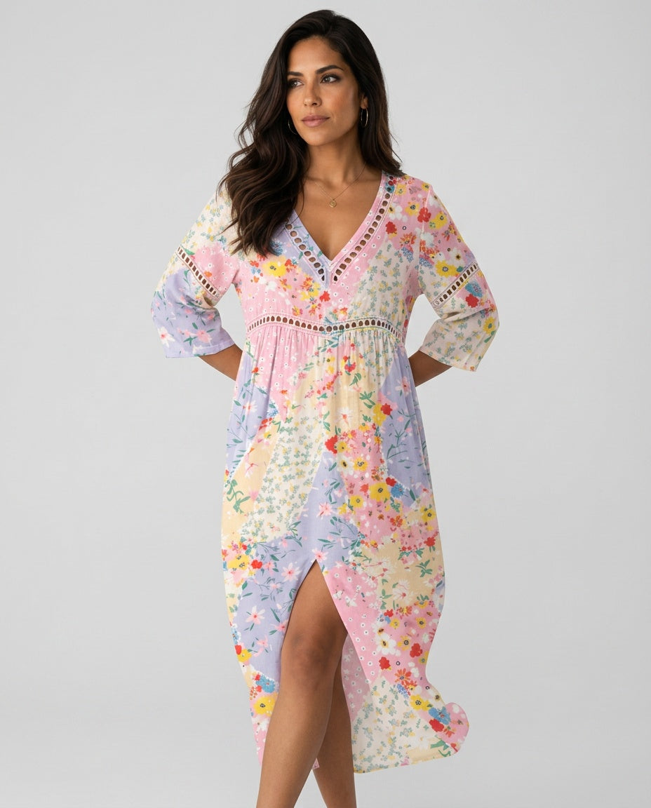 Everly | Patchwork Floral V-Neck Maxi Dress