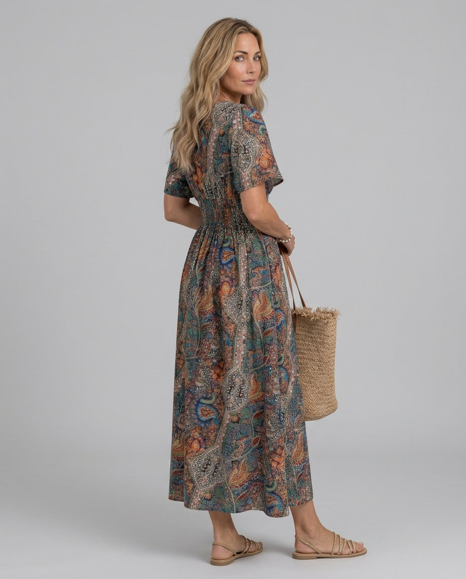 Marina | Bohemian Paisley Smocked V-Neck Maxi Dress