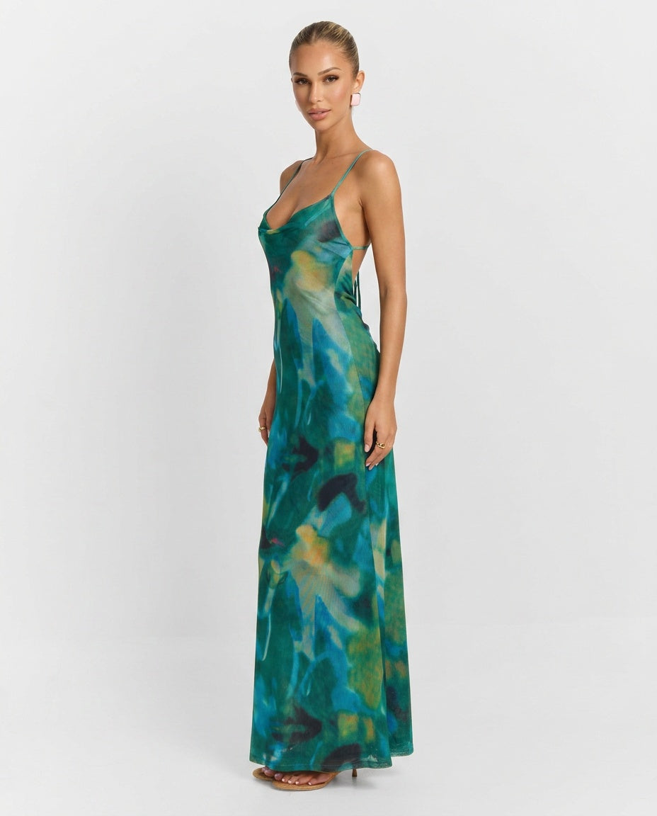 Imogen | Sleeveless Abstract Print Mesh Maxi Dress