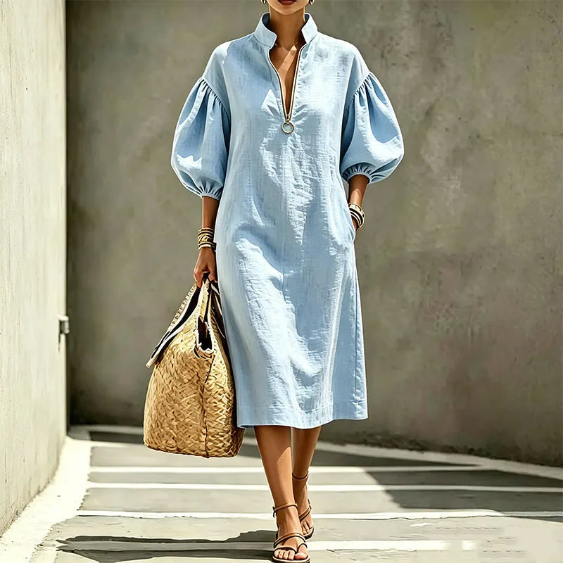 Astrid | Puff Sleeve High Neck Midi Dress