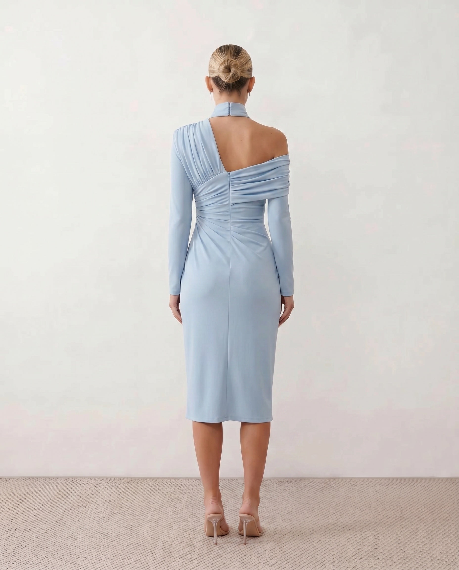 Priya | Asymmetric Neck Open Back Midi Dress