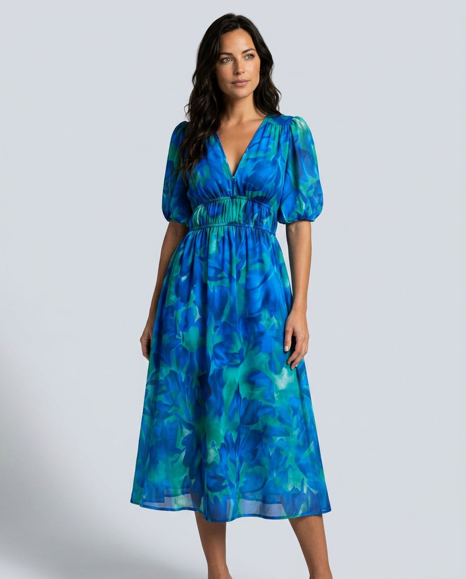 Mira | V-Neck Puff Sleeve Pleated Midi Dress