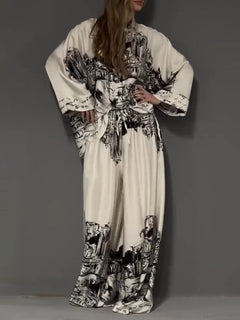 Architectural Print Satin Shirt And Pants Two-Piece Set