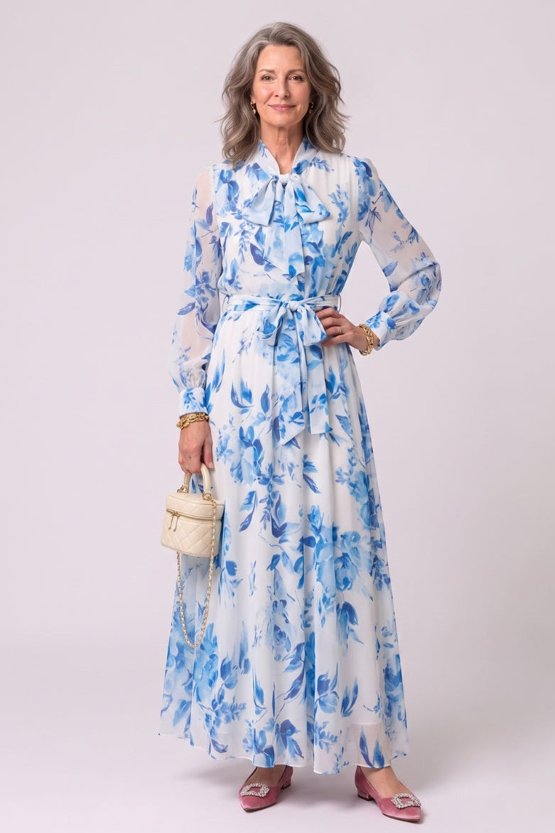 Fernanda | Floral Print Long Sleeve Belted Maxi Dress
