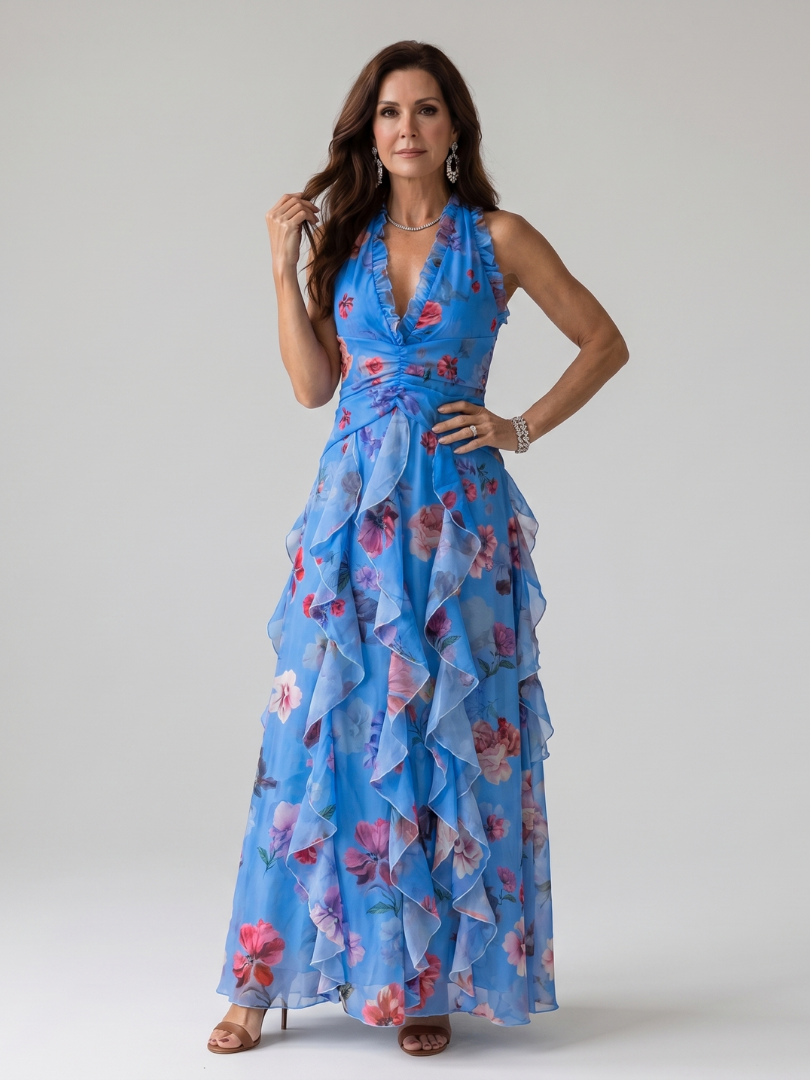 Nori | Halter Neck Ruched Floral Maxi Dress