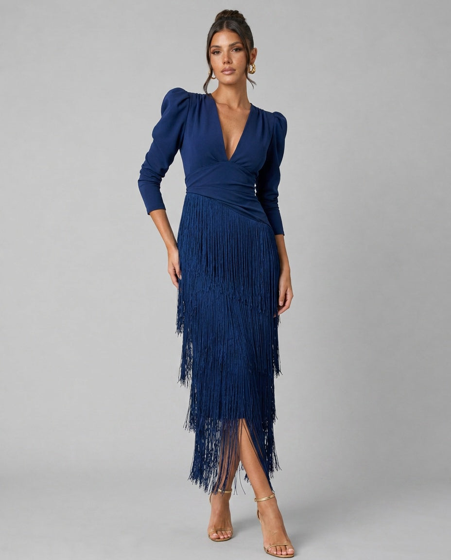 Vera | Fringe Detail Long Sleeve Maxi Dress