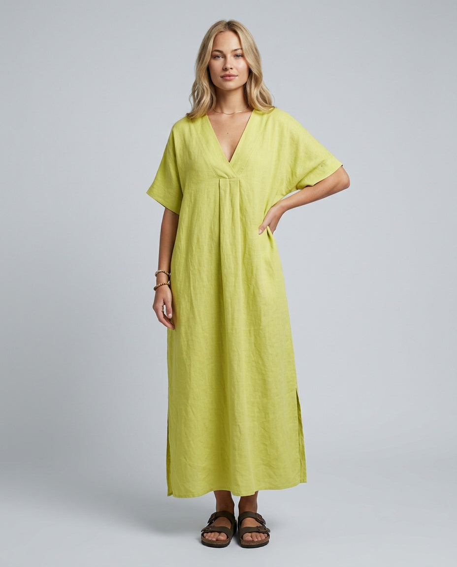 Malena | V-Neck Flowy Linen-Blend Midi Dress
