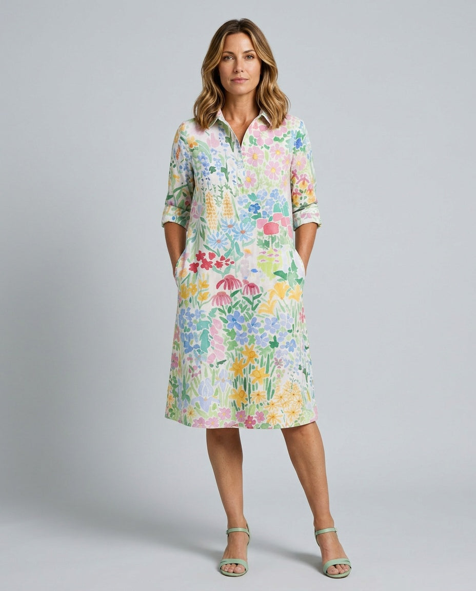 Brelia | 3/4 Sleeve Floral Shirt Midi Dress