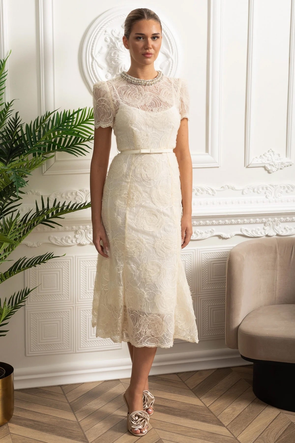 Priya | Short Sleeve Lace Belted Midi Dress
