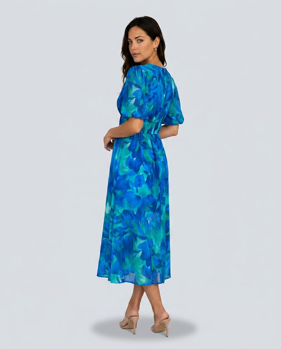 Dahlia | Floral Puff Sleeve Party Midi Dress