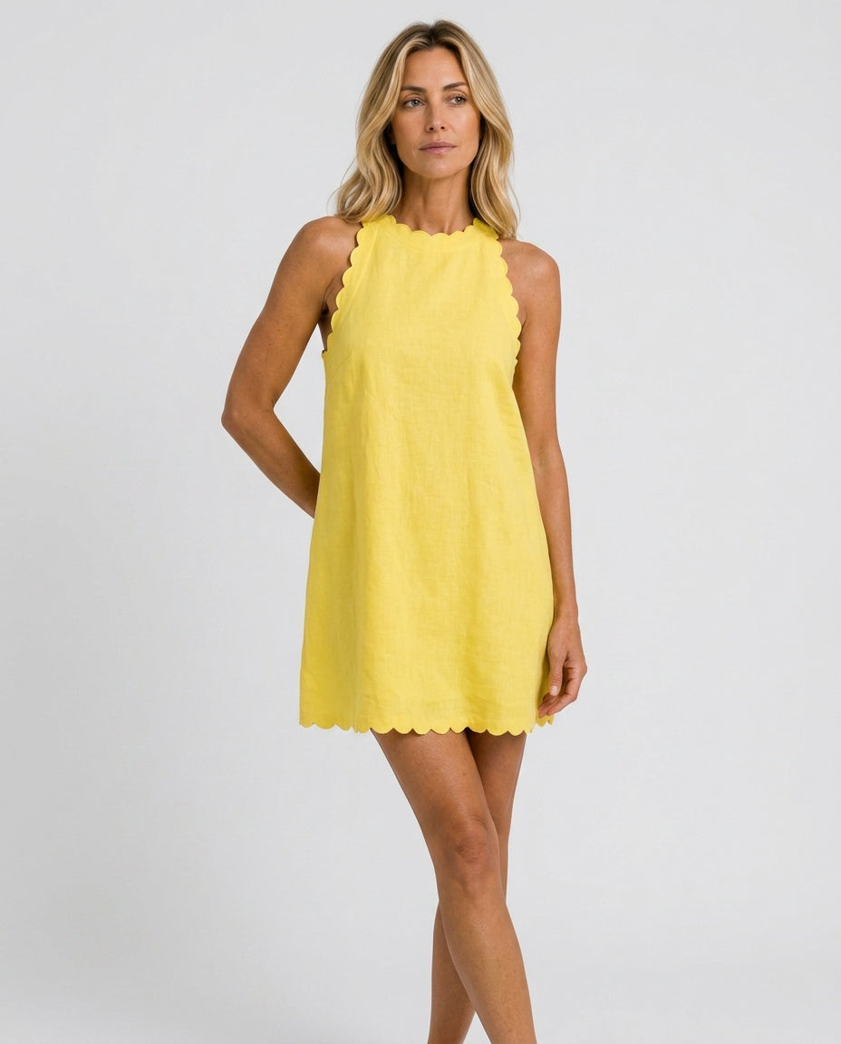 Caliora | Sleeveless Wavy Trim Linen-Blend Mini Dress