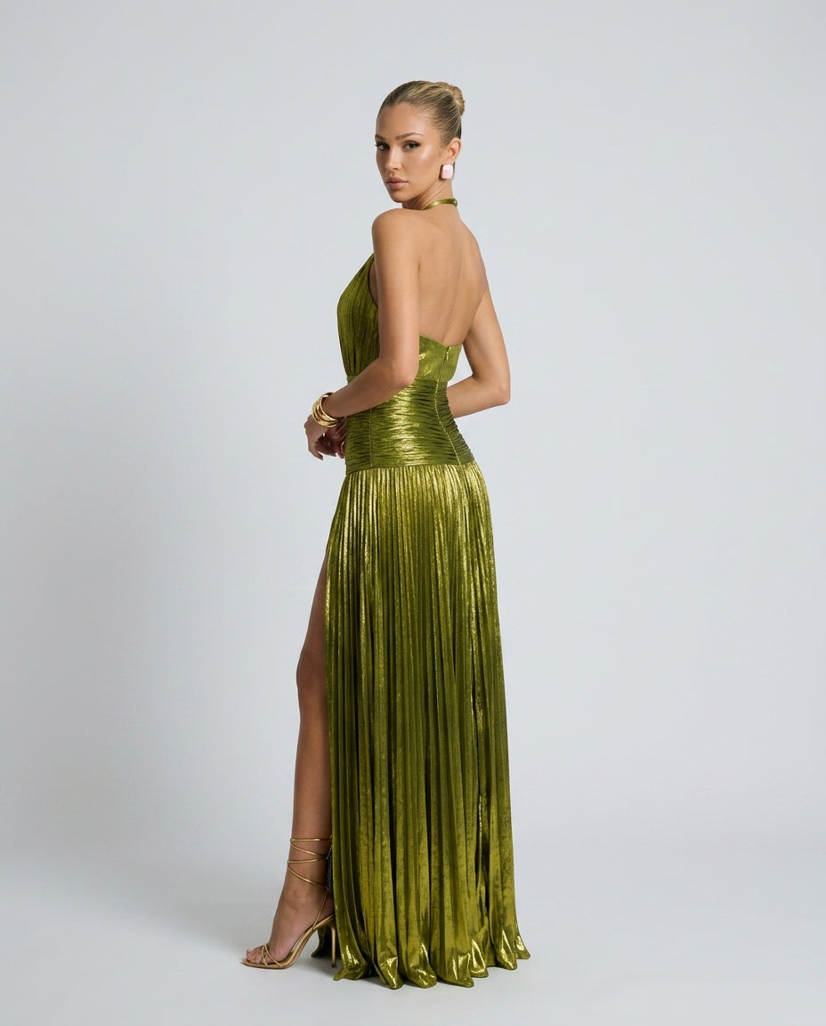 Carmen | Halter Neck Pleated High Slit Maxi Dress