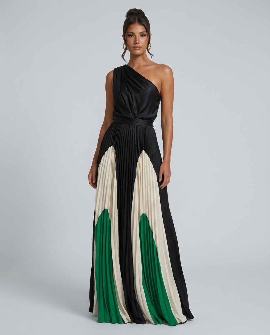 Aurore | Asymmetric Draped Pleated Multicolour Maxi Dress