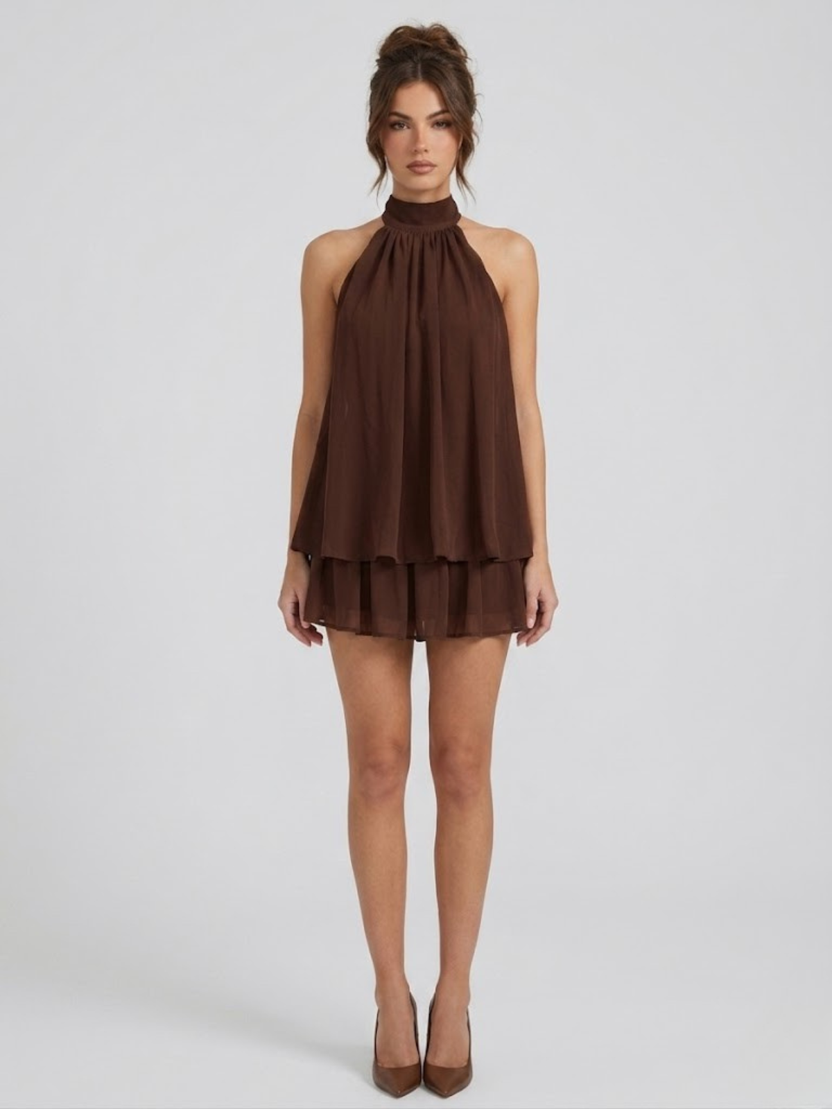 Willa | Tiered Ruffle Open Back Halter Mini Dress