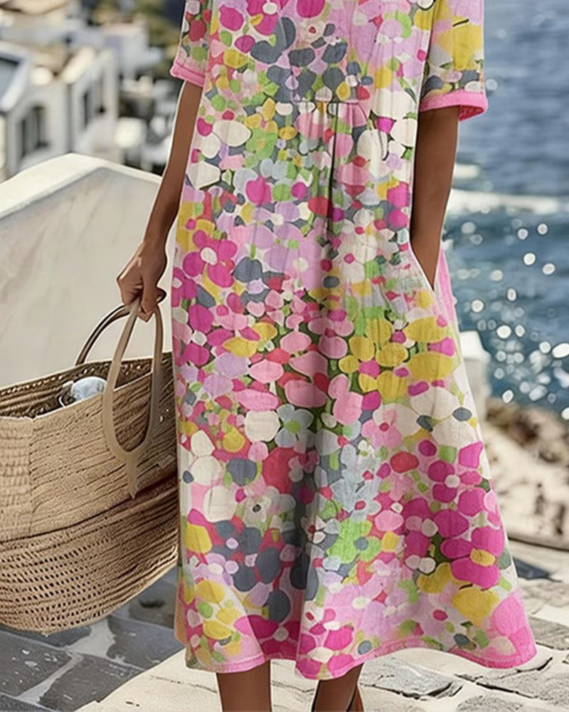 Valentina | Abstract Floral Cotton-Linen Midi Dress