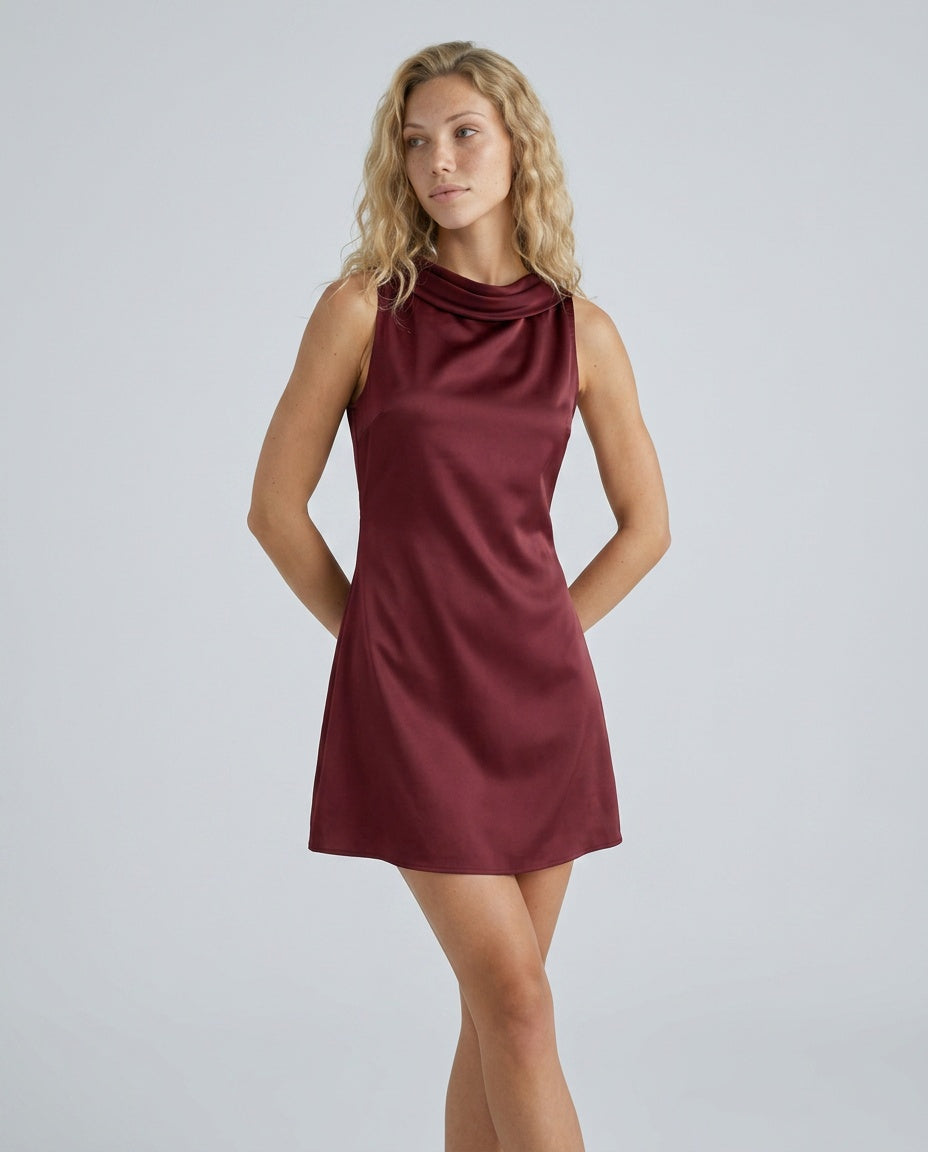 Quinn | Cowl Neck Backless Satin Mini Dress