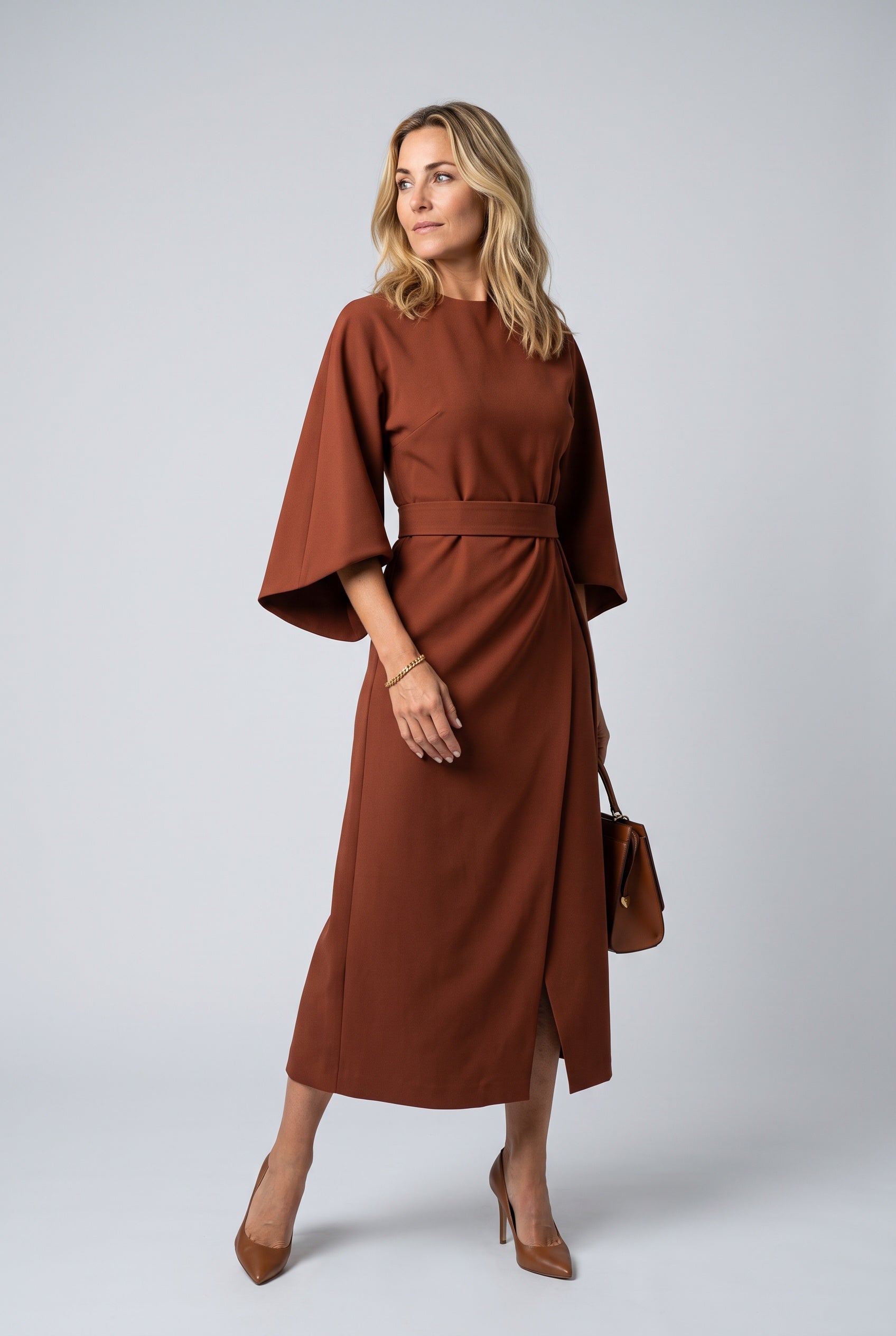 Esme | Wide Sleeve Belted Round Neck Midi Dress