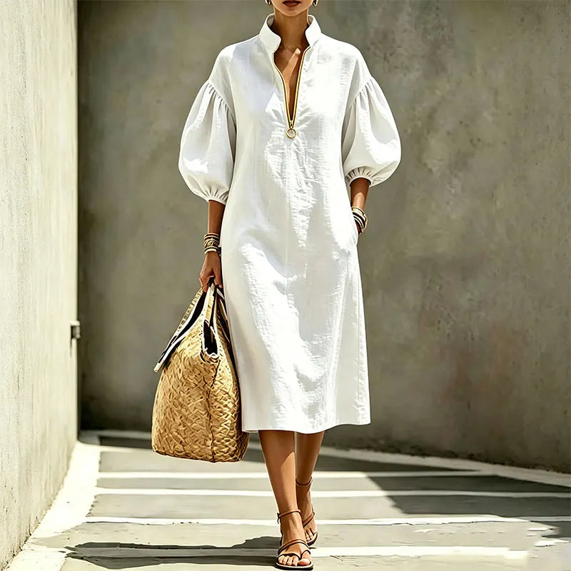 Astrid | Puff Sleeve High Neck Midi Dress