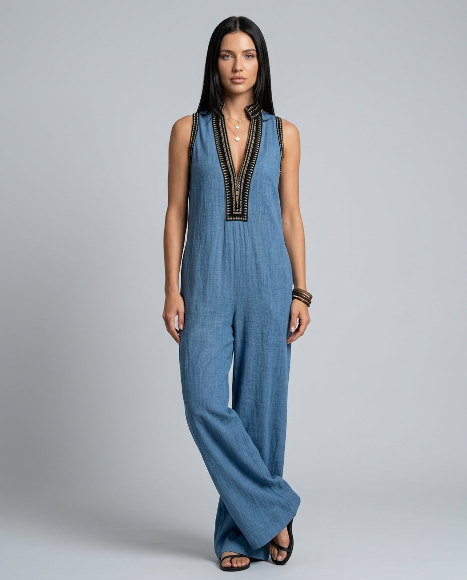 Harlow | Linen Blend Sleeveless Jumpsuit With Embroidery