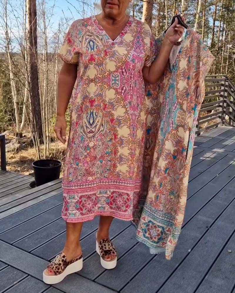 Maeve | Printed V-Neck Short Sleeve Midi Dress