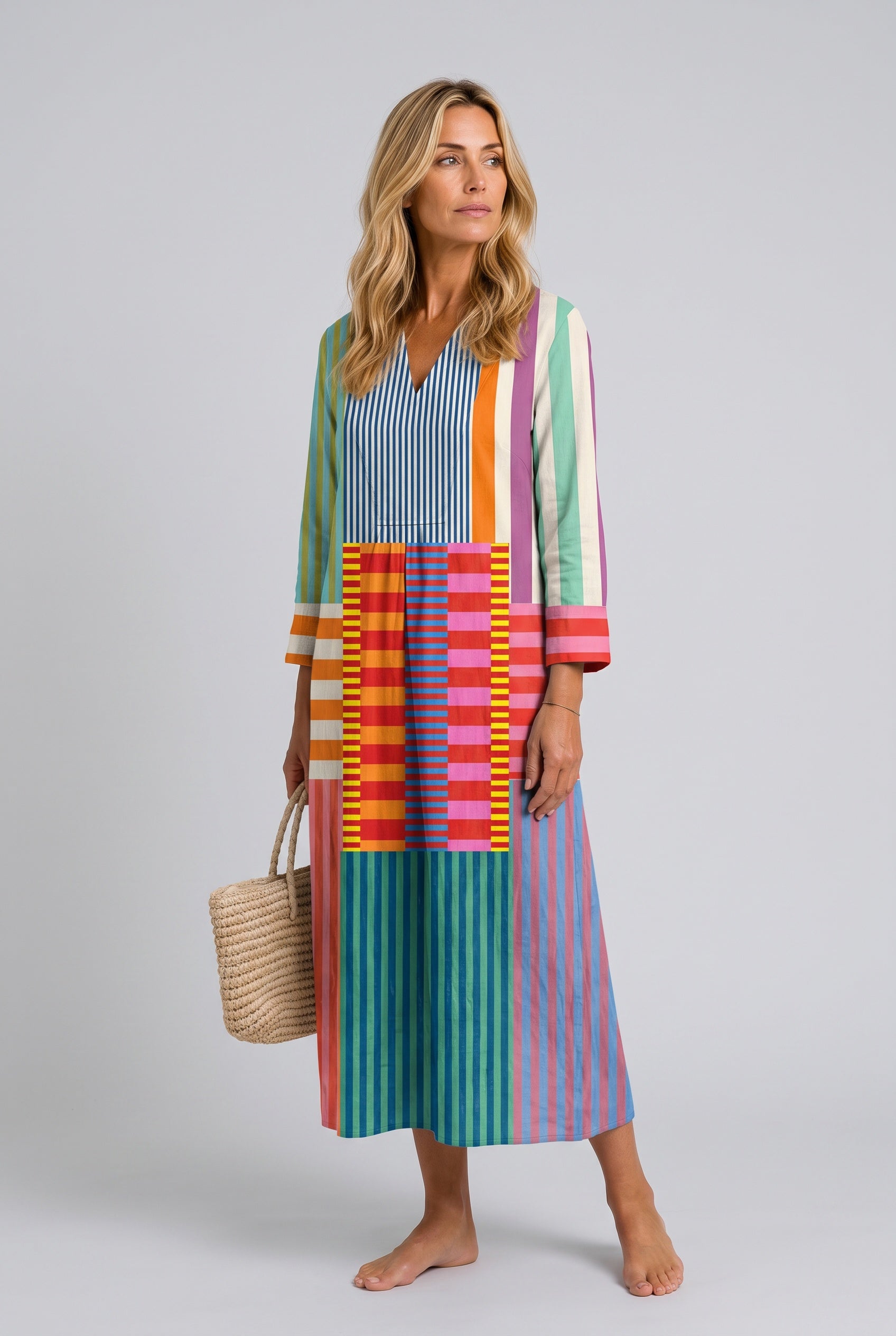 Paige | Geometric Print V-Neck Long Sleeve Midi Dress