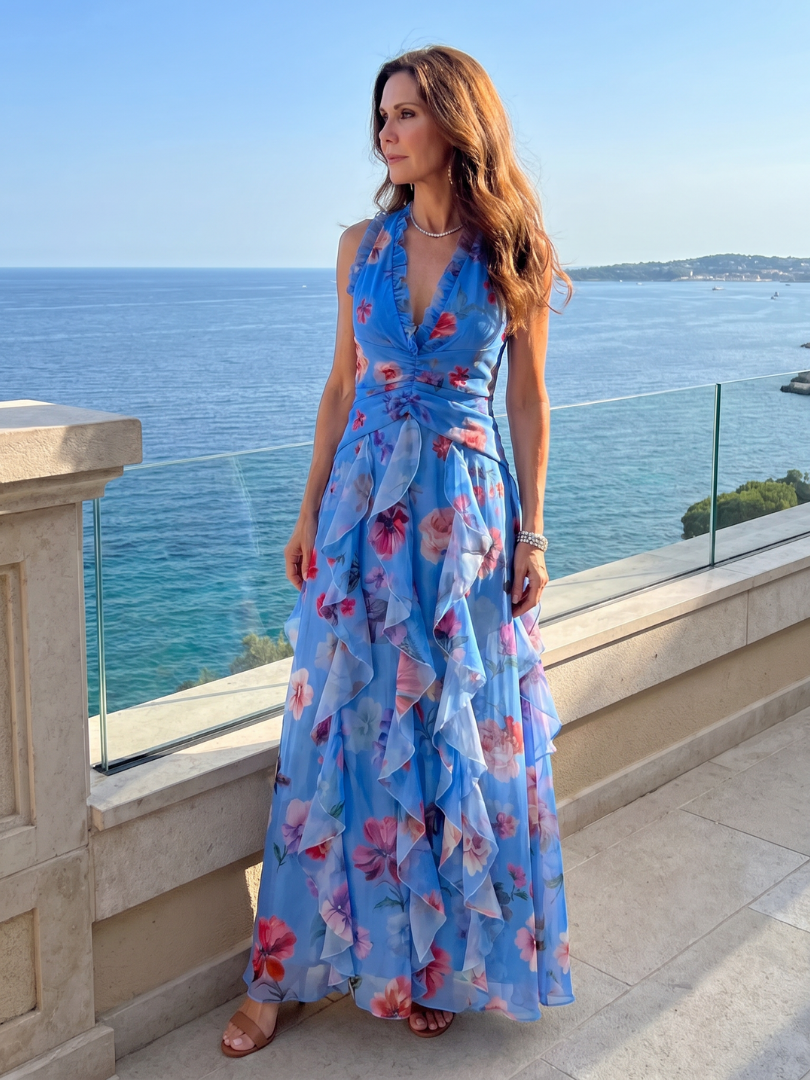 Nori | Halter Neck Ruched Floral Maxi Dress