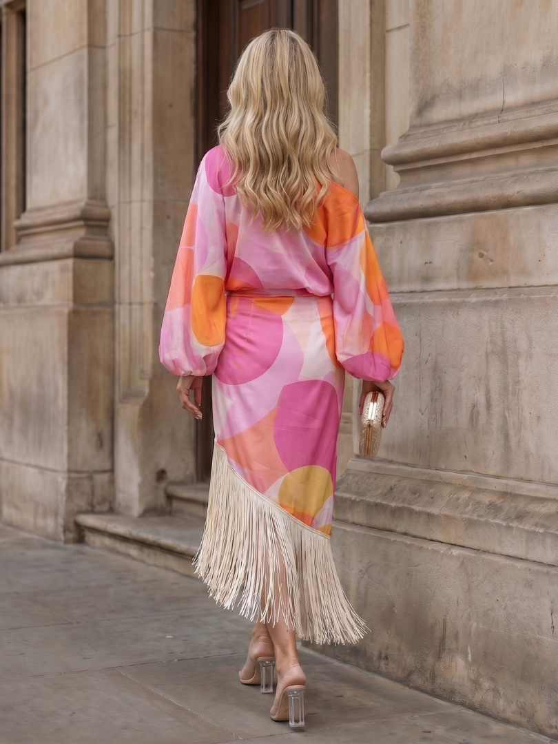Koda | Abstract Print Fringe Hem Midi Dress