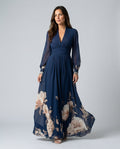 Sabine | Pleated Sheer Sleeve Navy Maxi Dress
