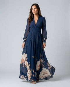 Sabine | Pleated Sheer Sleeve Navy Maxi Dress