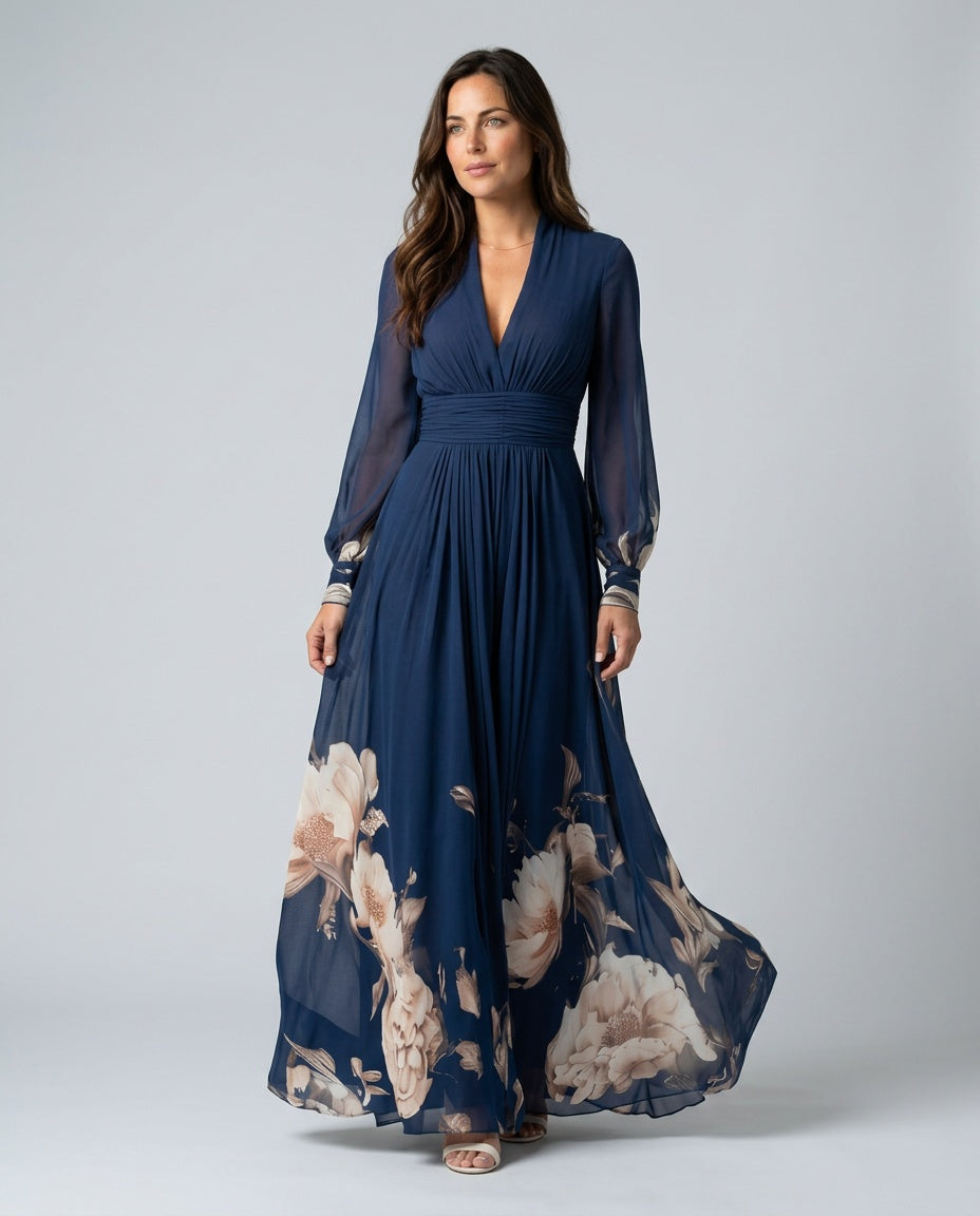 Sabine | Pleated Sheer Sleeve Navy Maxi Dress