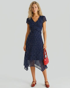 Mabel | Navy Polka Dot Cap Sleeve Midi Dress