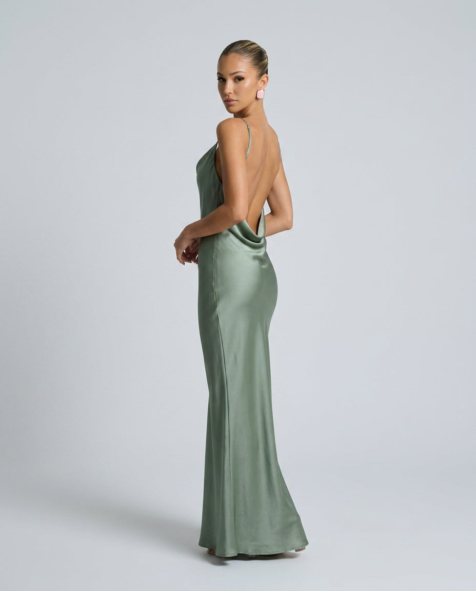 Ines | Waterfall Neckline Satin-Look Maxi Dress