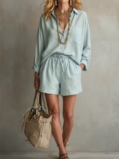 MAEVE — Sage Linen Shirt & Shorts Set