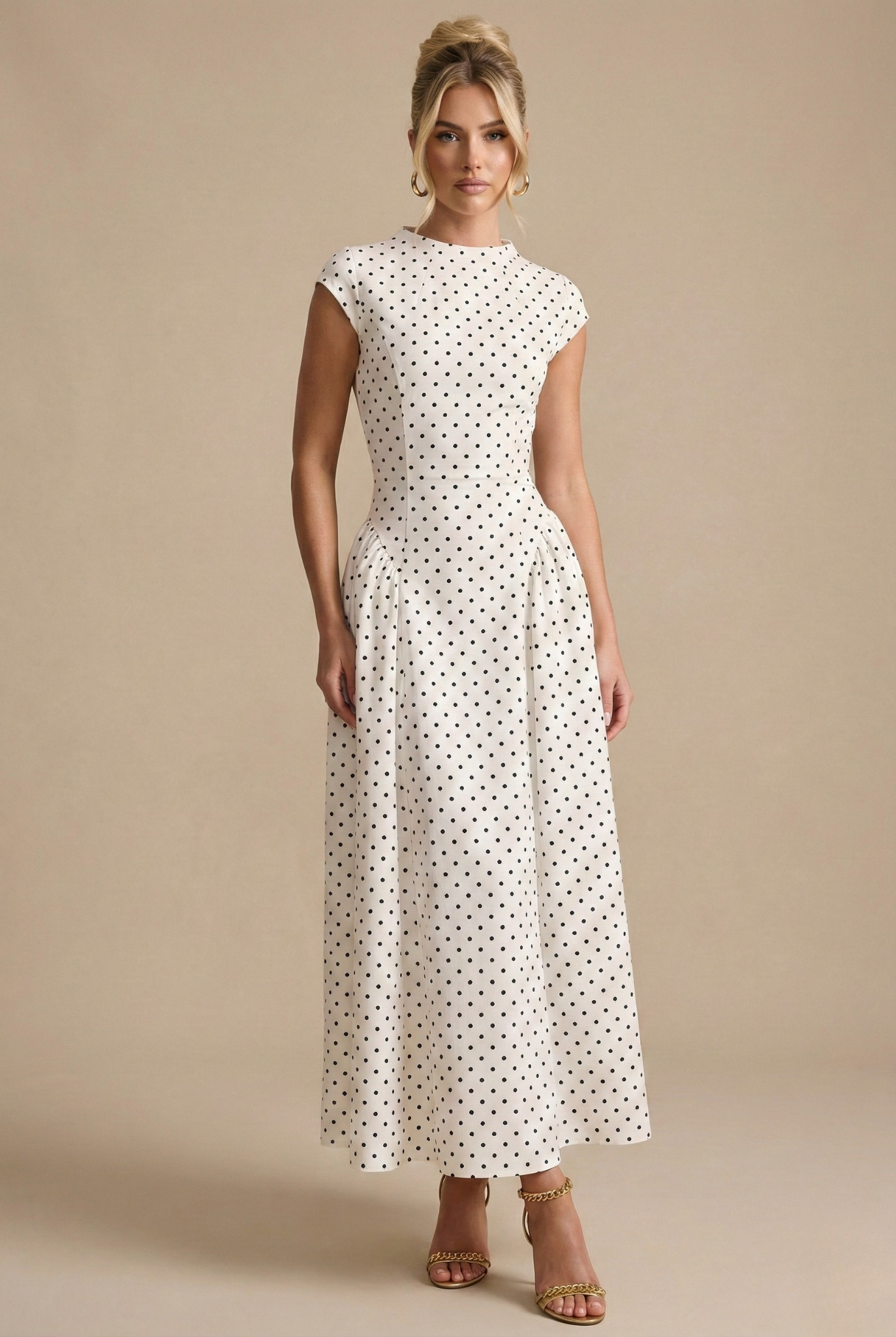 Dotée | Polka Dot High Neck Cap Sleeve Maxi Dress