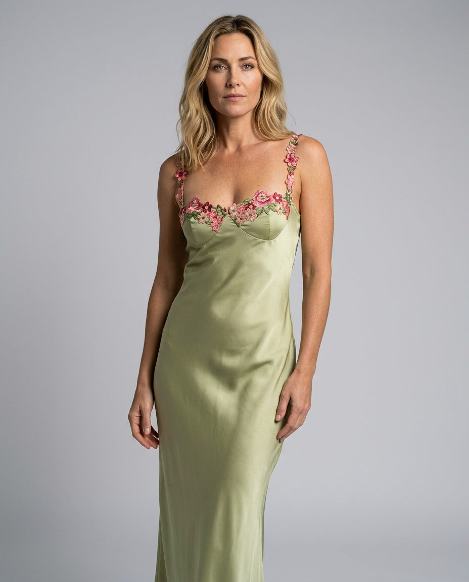 Mabel | Floral Strap Light Green Maxi Dress