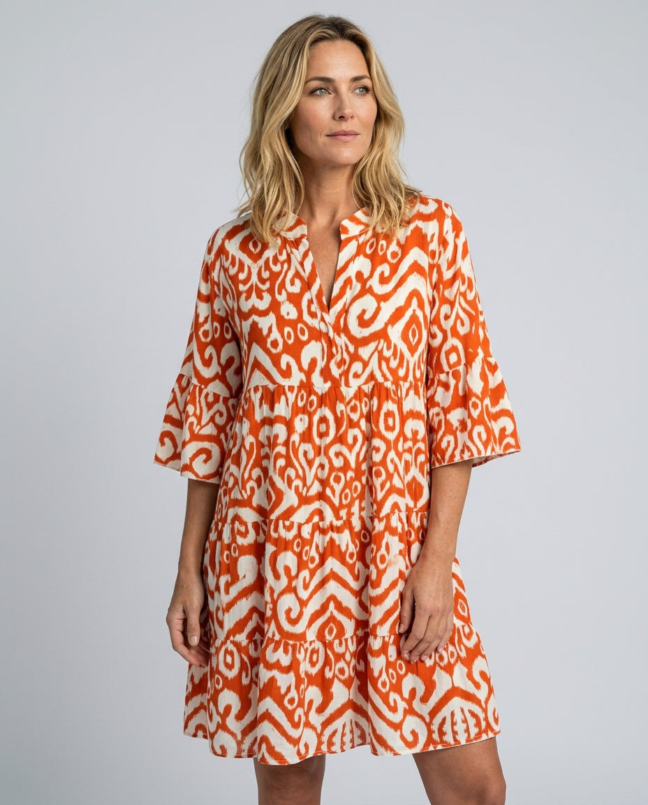 Noor | Printed V-Neck 3/4 Sleeve Midi Dress